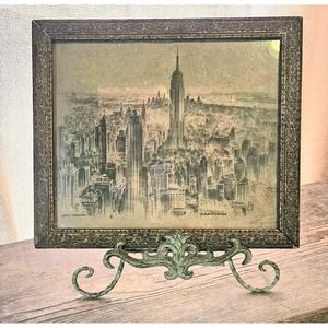 Antique "Manhattan New York" Pencil Etching Signed Framed w/Glass 15"x13"
